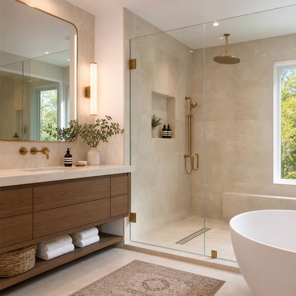 Remodeled bathroom with glass walk-in shower, warm stone tiles, and brass fixtures